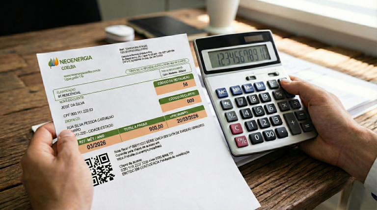 Mão segurando uma conta de luz e uma calculadora; imagem ilustra a alta de 8% na tarifa de energia, o dobro da inflação prevista para 2026.