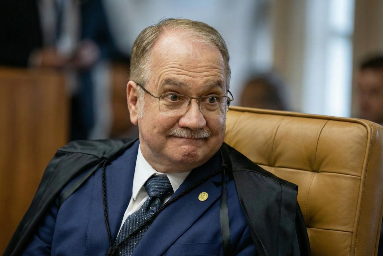 O ministro Edson Fachin olha para o lado com expressão séria durante sessão do STF.