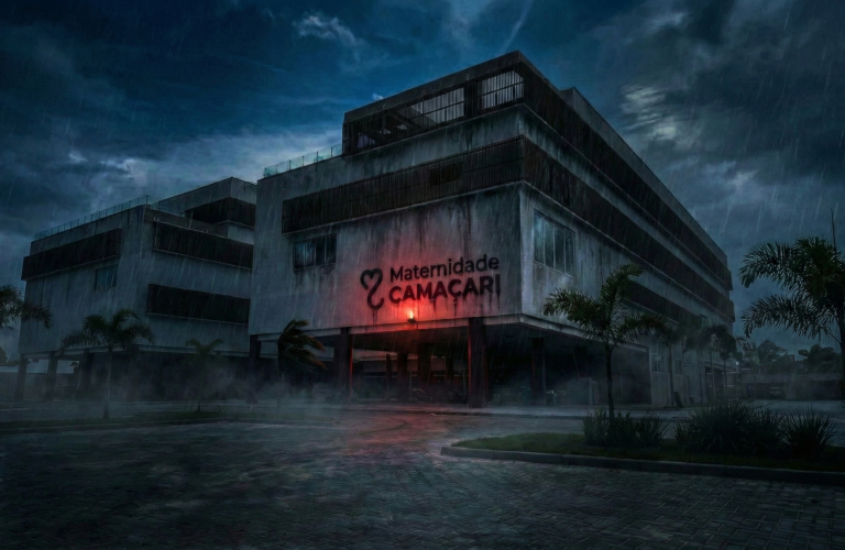 Fachada da Maternidade Regional de Camaçari; imagem ilustra a matéria sobre a paralisação por atraso de salários dos médicos.