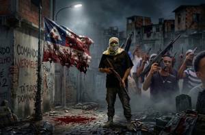 Bandeira da Bahia ensanguentada e com marcas de tiros hasteada em meio ao caos de insegurança nas ruas; a imagem artística simboliza o estado crítico da segurança pública baiana em 2026.