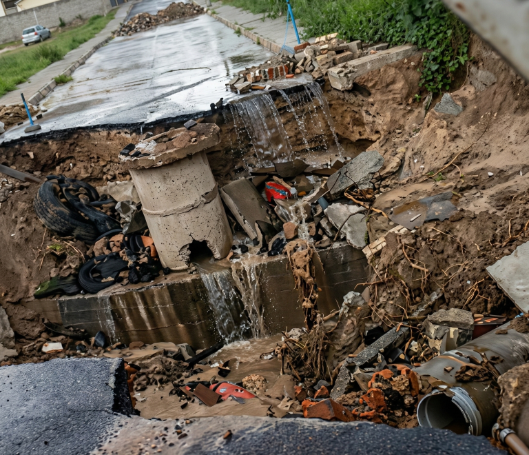 Cenário de abandono: Cratera na Rua dos Artistas interdita trânsito e ameaça casas no Bairro Kennedy.