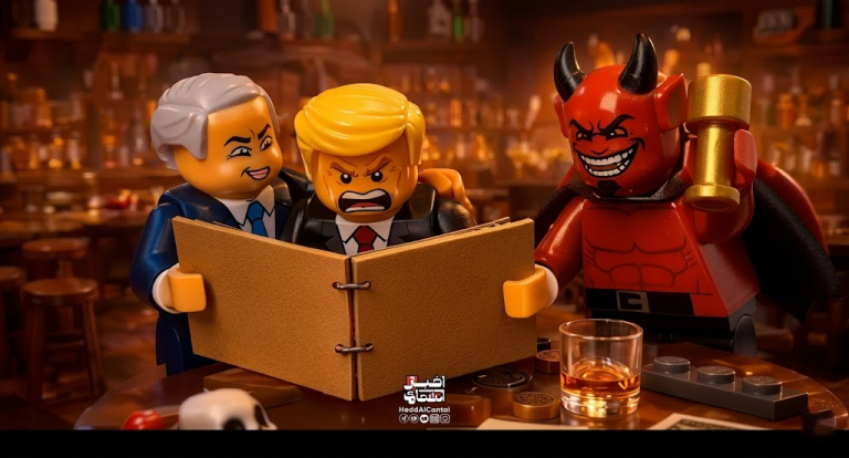 Frame da animação iraniana em estilo Lego mostrando um personagem semelhante a Donald Trump ao lado de um diabo vermelho segurando um martelo de ouro; a imagem faz parte da propaganda de guerra de Teerã.