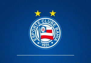 Escudo oficial do Esporte Clube Bahia com duas estrelas douradas acima, centralizado sobre um fundo azul texturizado.