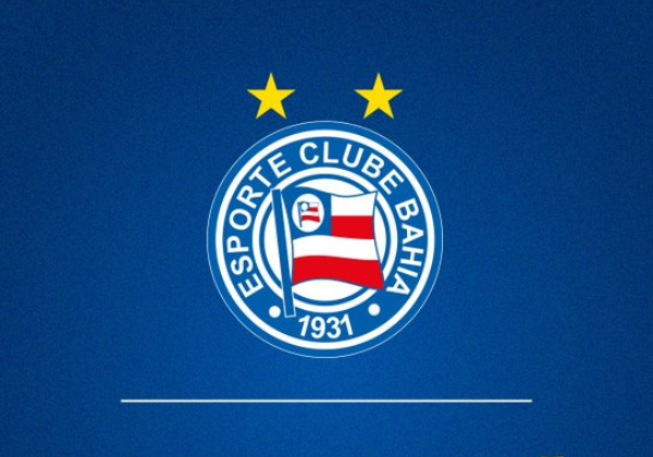 Escudo oficial do Esporte Clube Bahia com duas estrelas douradas acima, centralizado sobre um fundo azul texturizado.
