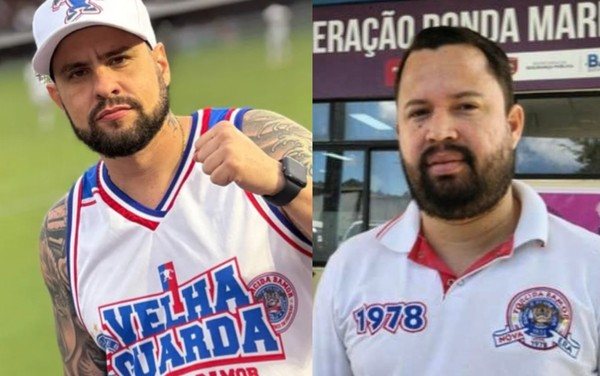 Montagem com dois homens de barba. À esquerda, homem com boné e camisa branca da Bamor com detalhes em azul e vermelho, com o punho cerrado. À direita, homem com camisa polo branca, também com escudo da Bamor.