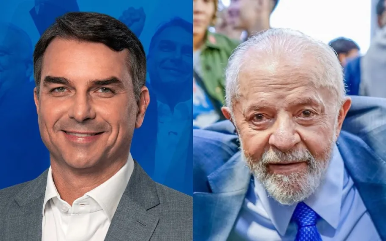 Montagem dividida ao meio. À esquerda, Flávio Bolsonaro sorrindo com terno cinza e camisa branca sobre fundo azul. À direita, Luiz Inácio Lula da Silva com terno e gravata azuis.